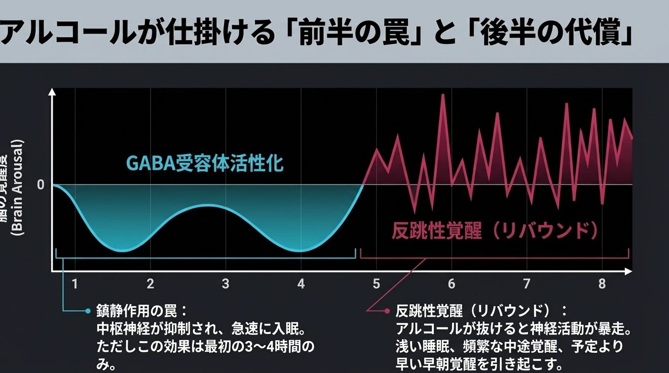 アルコールが前半の眠りと後半の代償を生むことを示す図