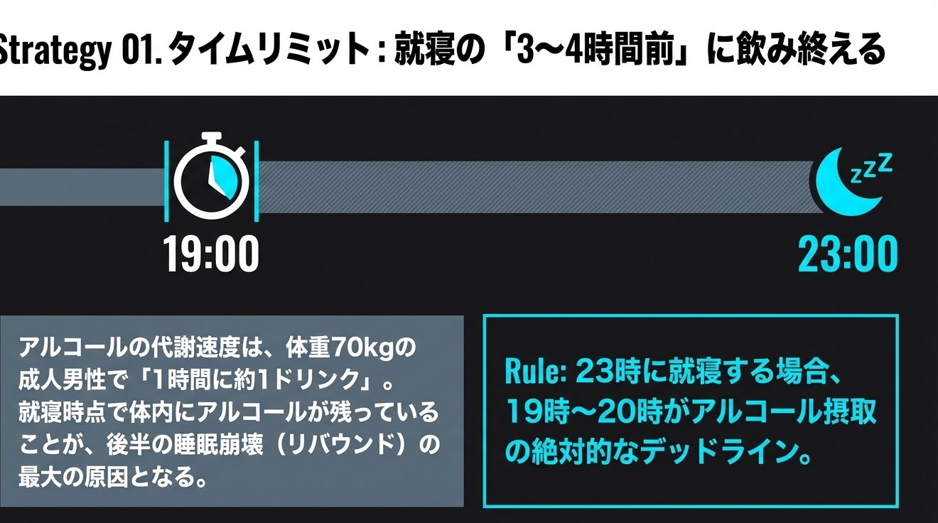 就寝3〜4時間前までに飲み終えるべきことを示す図
