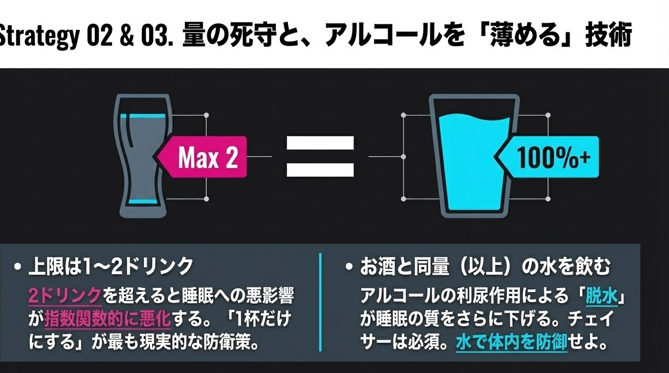 飲酒量を抑え水も同量以上飲む戦略を示す図