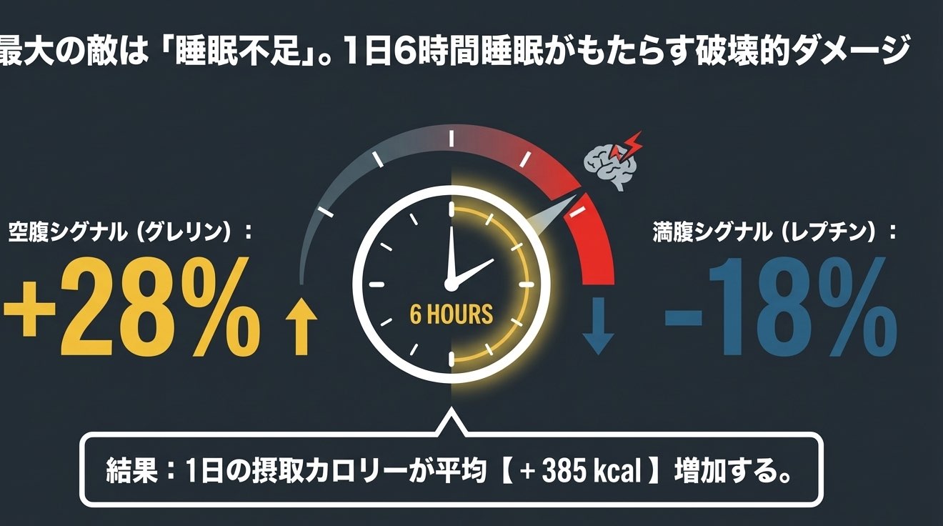 睡眠不足によるグレリン上昇とレプチン低下を示す図