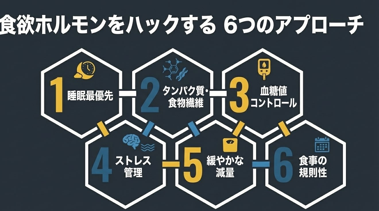食欲ホルモンを整える6つの戦略を一覧化した図
