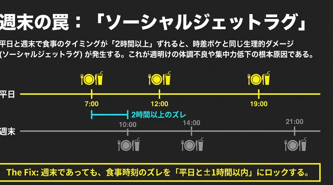 週末の食事時刻のズレがソーシャルジェットラグを生むことを示す図
