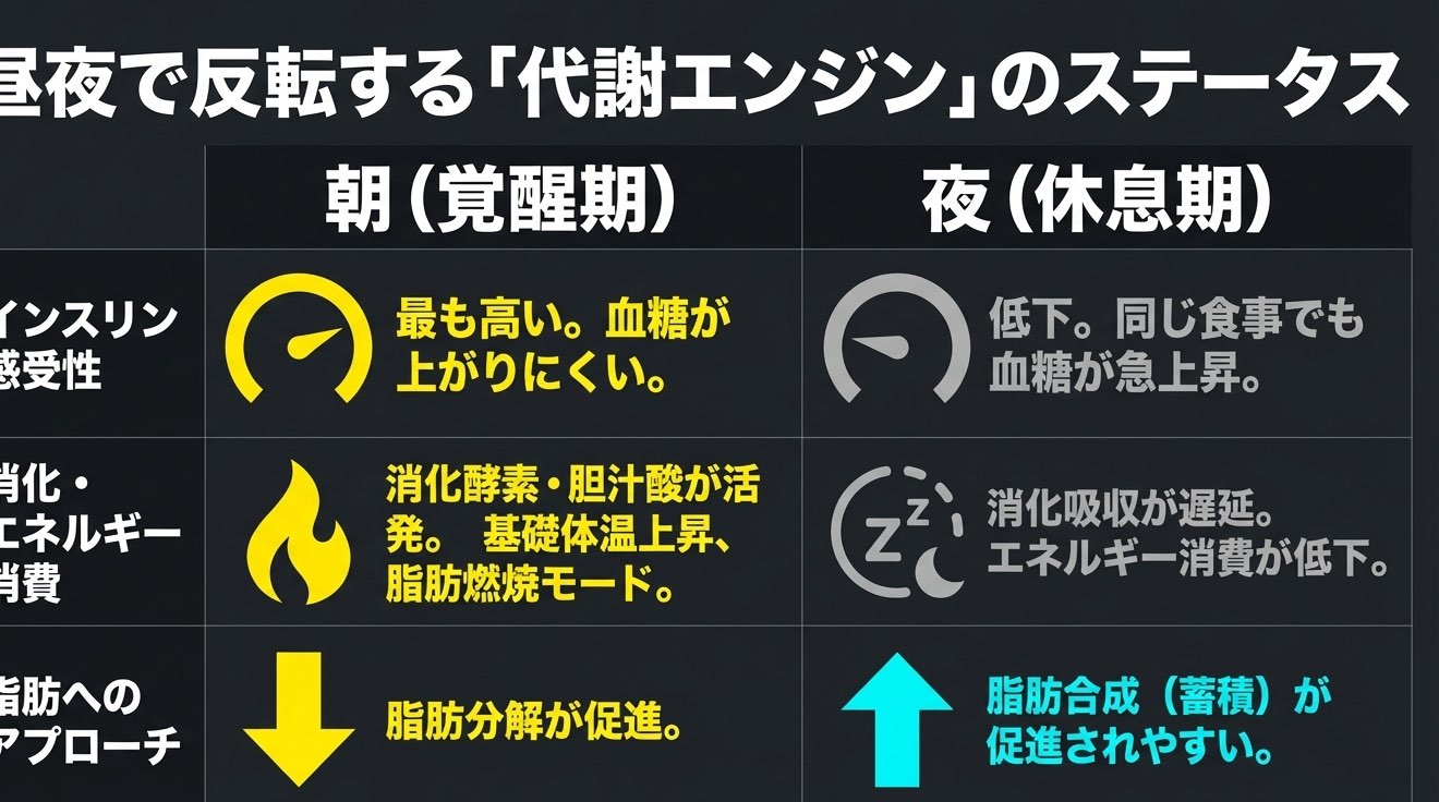 朝と夜で代謝状態が反転することを示す図