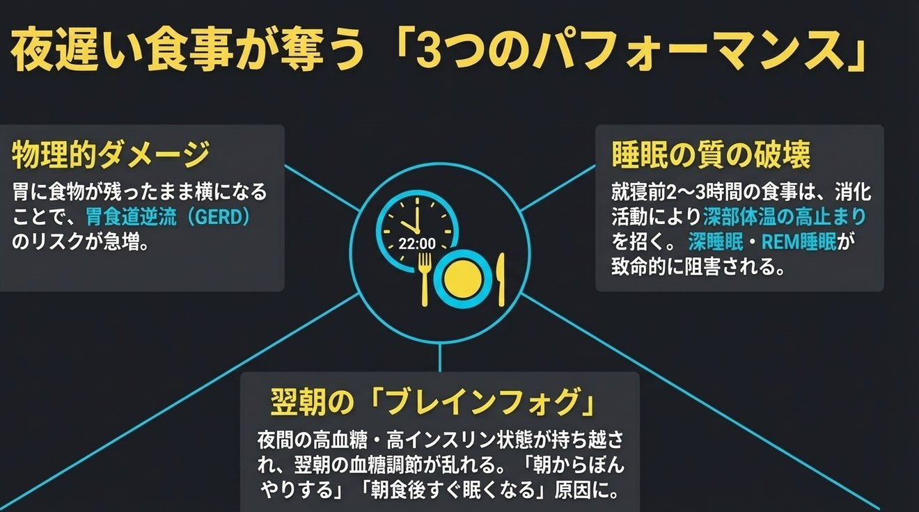 夜遅い食事が睡眠と翌朝の代謝に与える影響を示す図