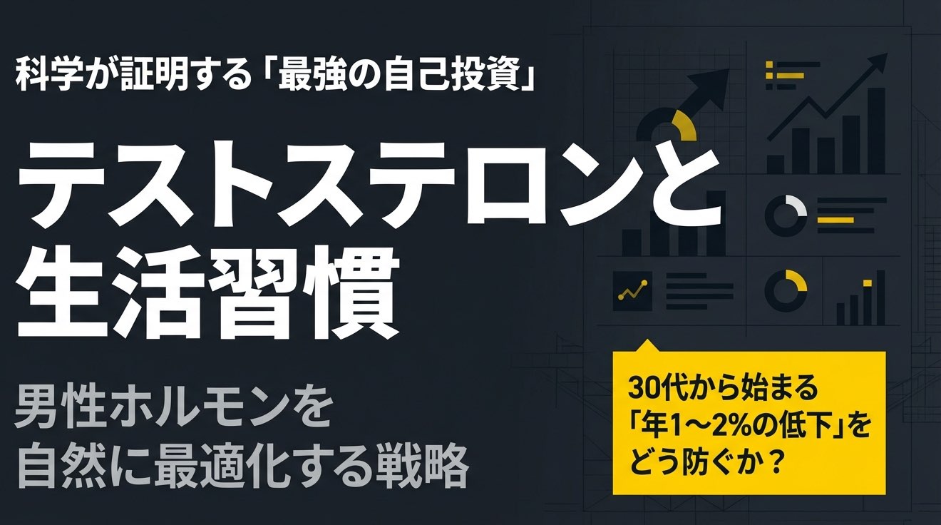 テストステロンと生活習慣の関係を示すインフォグラフィック表紙