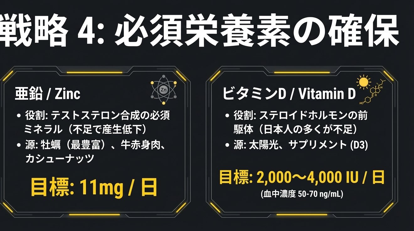 テストステロン維持に必要な亜鉛とビタミンDを示す図
