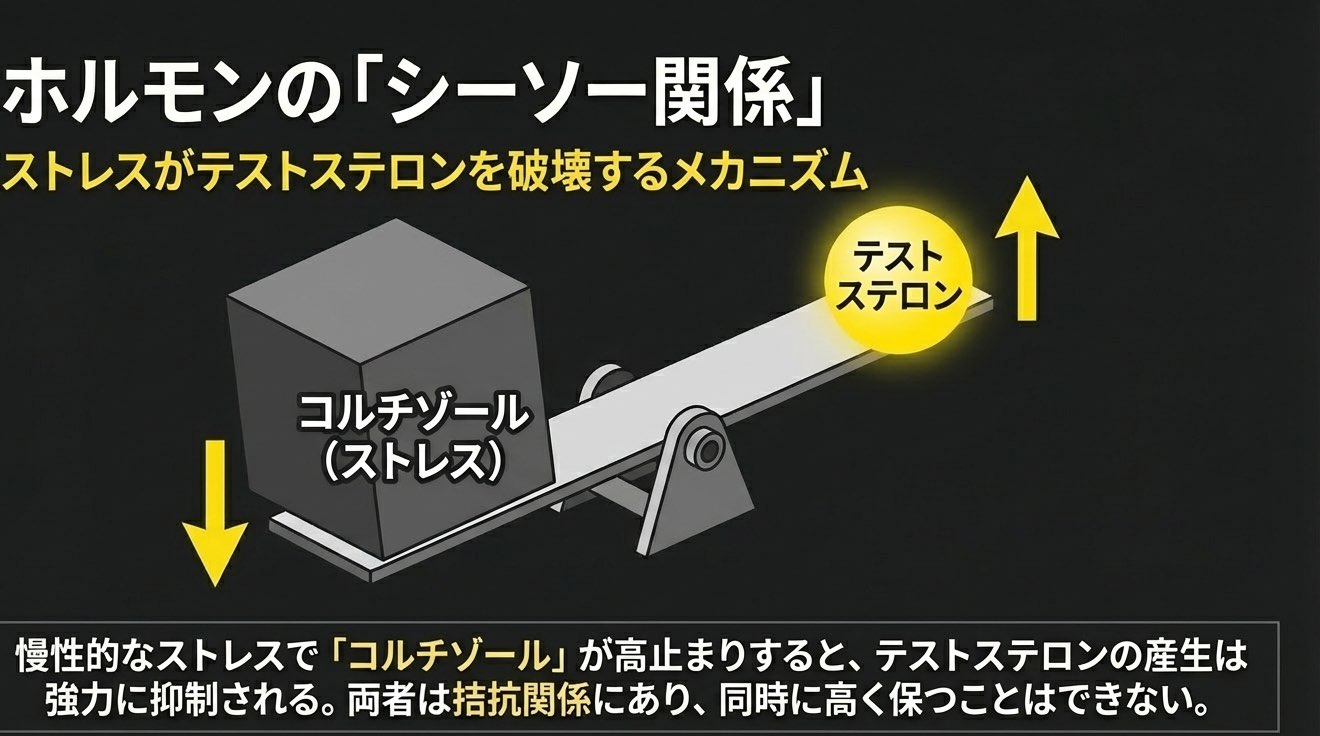 コルチゾールとテストステロンのシーソー関係を示す図